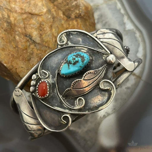 Vintage Native American Silver Turquoise & Coral Decorated Bracelet For Women