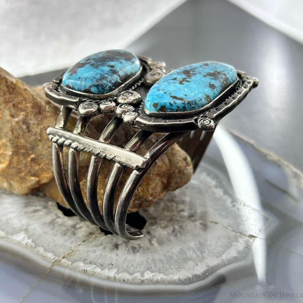 Vintage Native American Silver 2 Large Blue Diamond Turquoise Bracelet For Women
