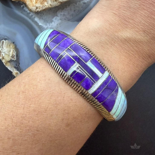 Vintage Native American Sterling Silver Sugilite & Opal Inlay Bracelet For Women