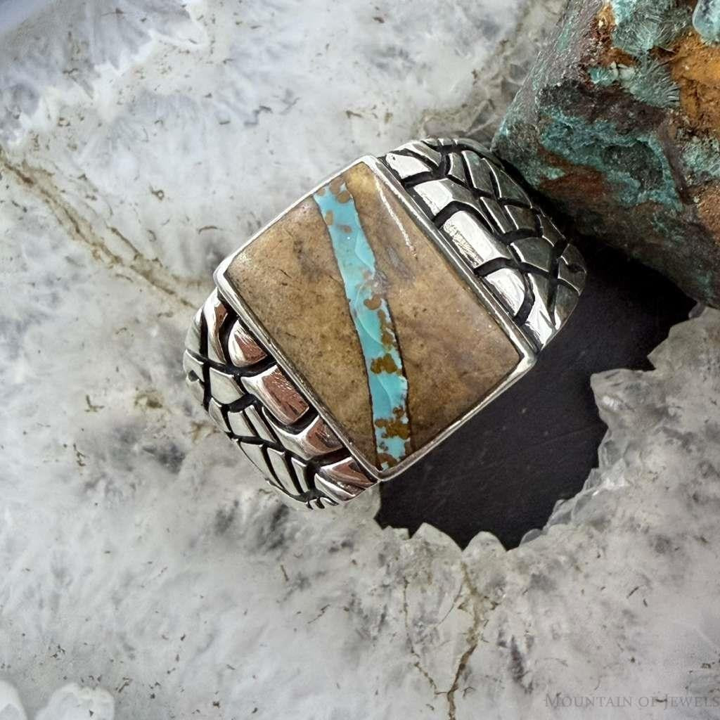 Native American Sterling Silver Ribbon Boulder Turquoise Ring Size 12 For Men