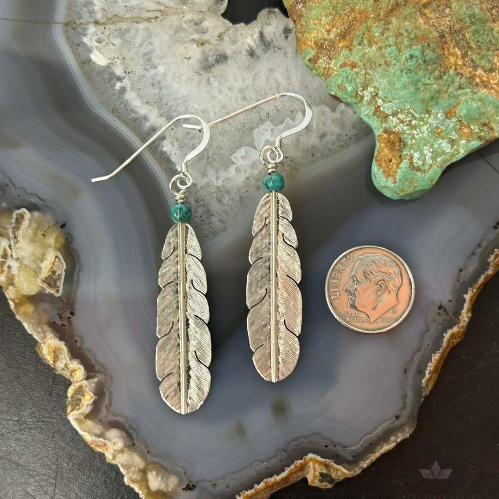 Anthony Gatewood Sterling Silver & Turquoise Bead Feather Dangle Earrings For Women