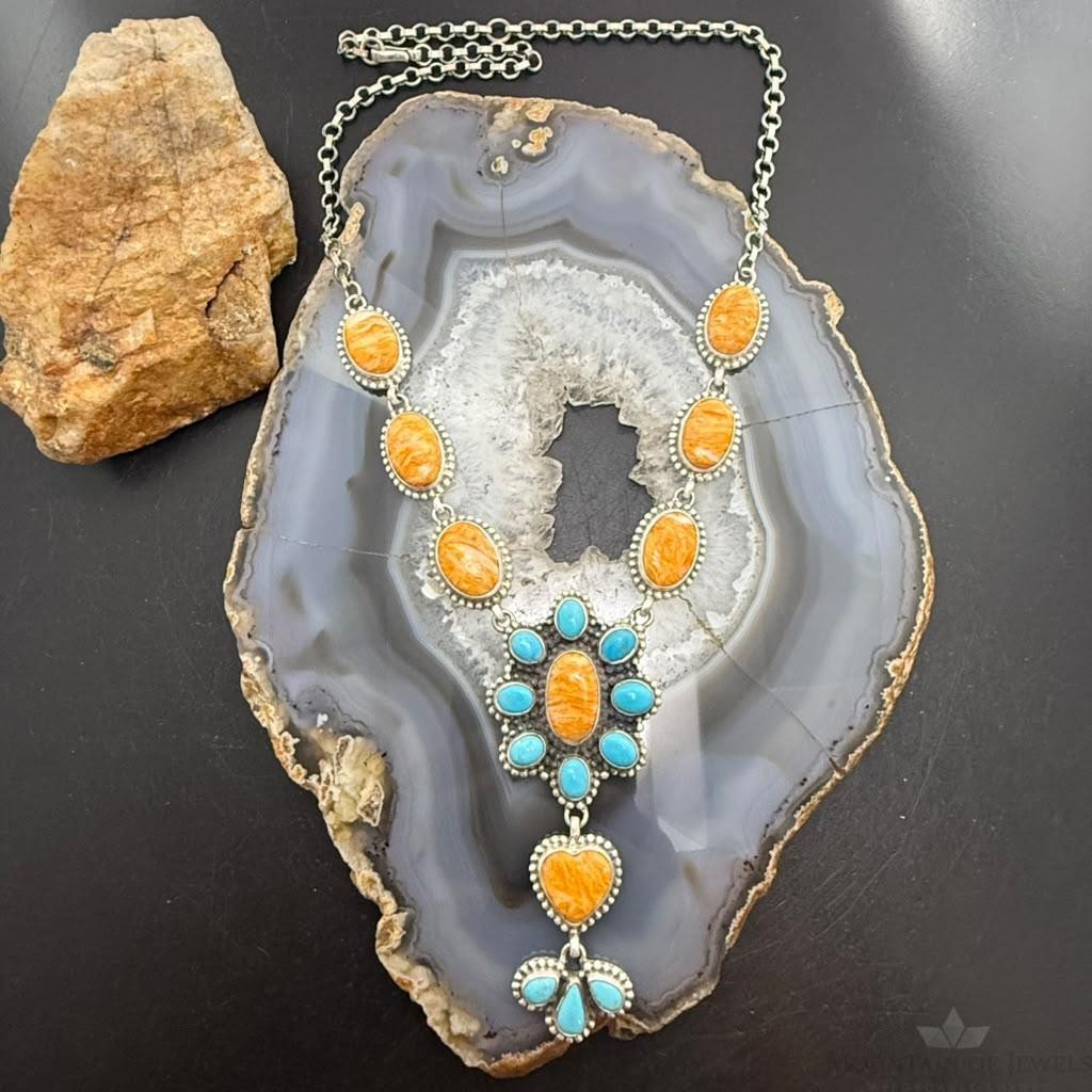 Sterling Silver Southwestern Style Spiny Oyster&Turquoise Cluster Lariat 23.5" Necklace For Women