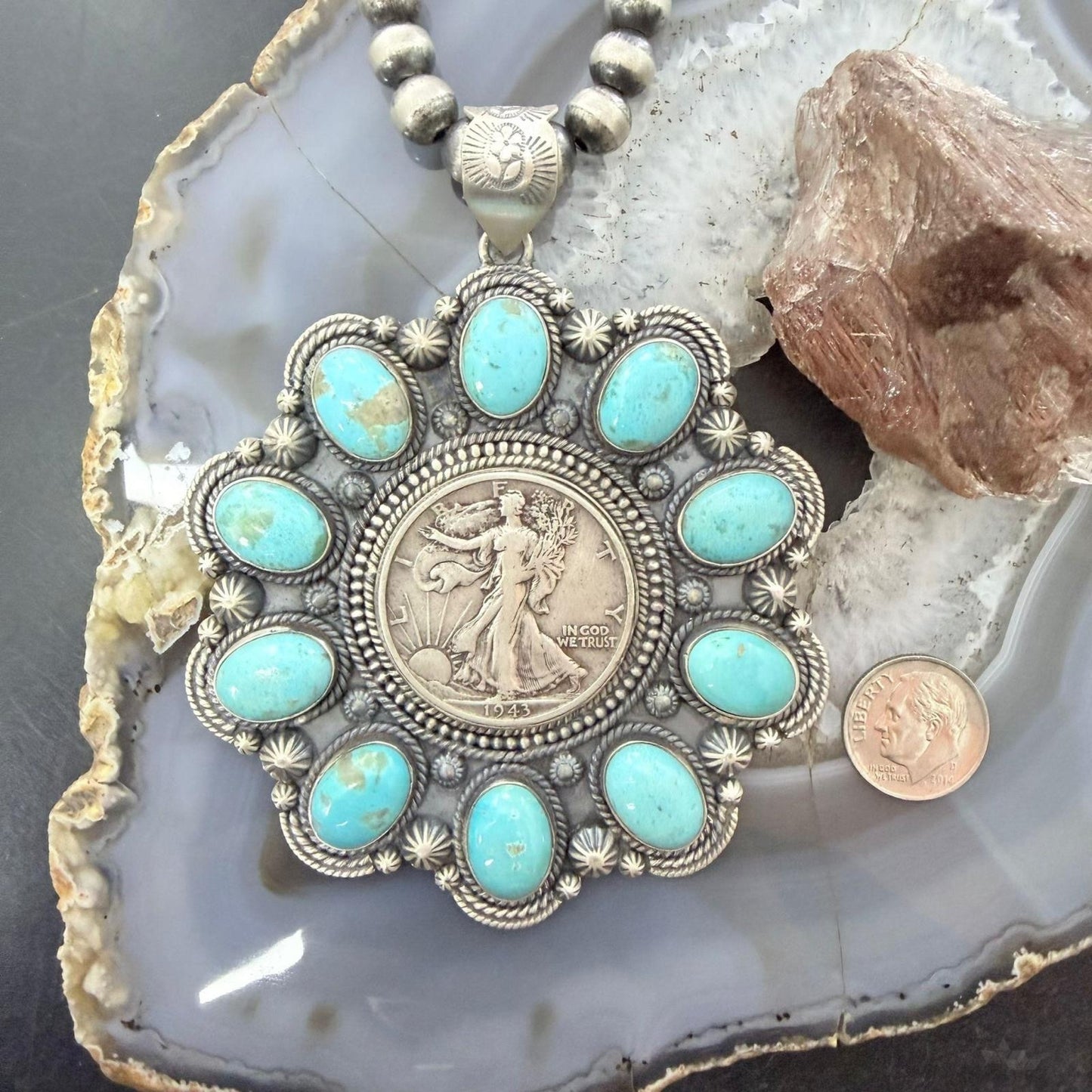 Genuine 90% Silver Walking Liberty Half Dollar Coin w/Turquoise Unisex Pendant