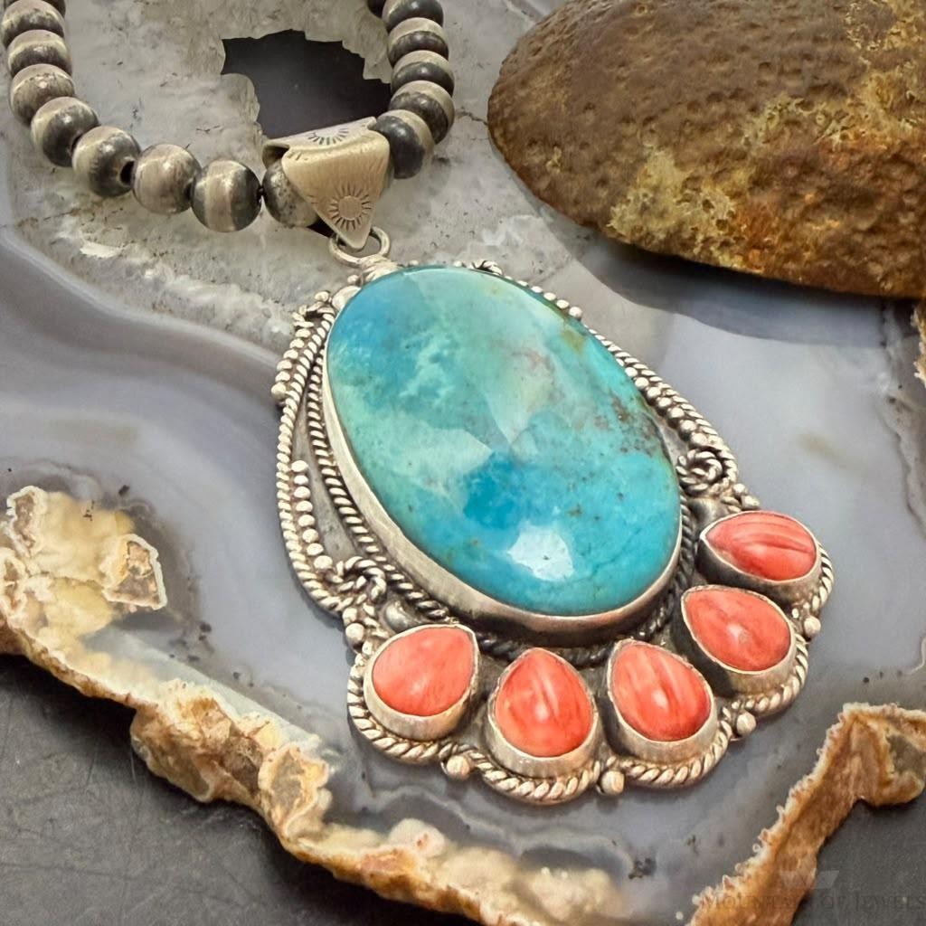 Sterling Silver Southwestern Style Oval Turquoise & Spiny Oyster Decorated Pendant
