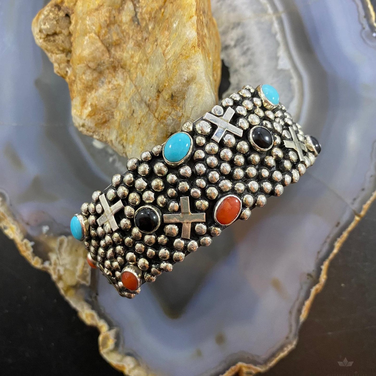 Gabby Jurado Sterling Silver Turquoise, Coral, Onyx Crosses Bracelet For Women