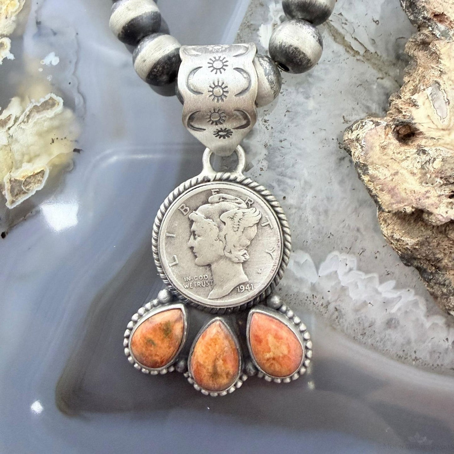 Genuine 1941 90% Silver Mercury Dime Coin w/Teardrop Spiny Oyster Unisex Pendant