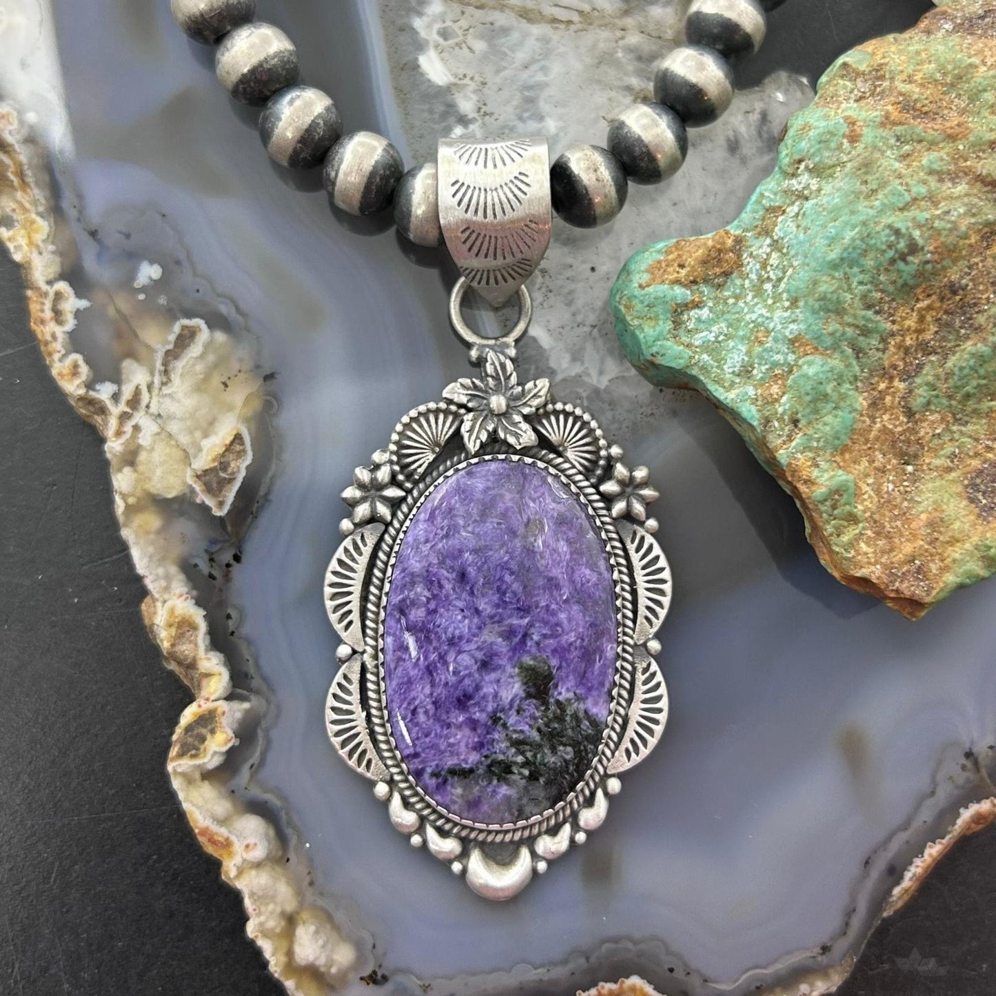 Sterling Silver Southwestern Style Oval Charoite Decorated Pendant For Women