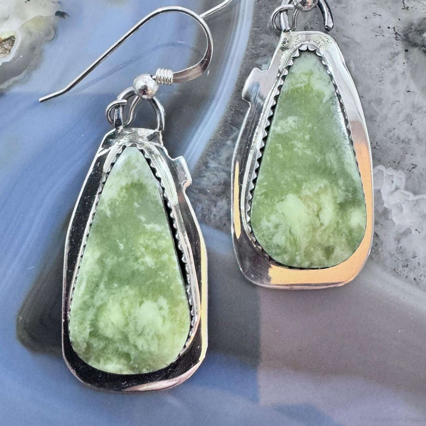 Frank Chavez Native American Sterling Silver Teardrop Serpentine Dangle Earrings For Women