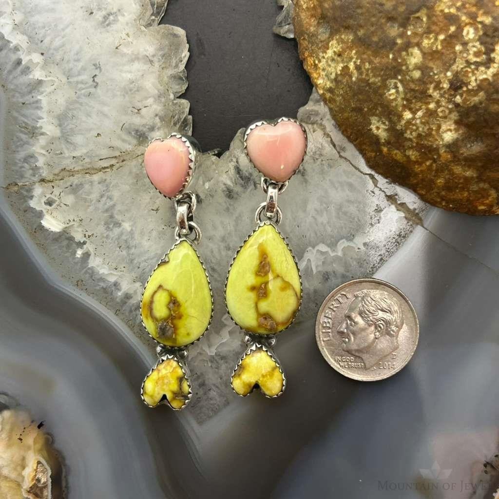 Sterling Silver Southwestern Style Teardrop Palomino & Heart Pink Conch Dangle Earrings For Women