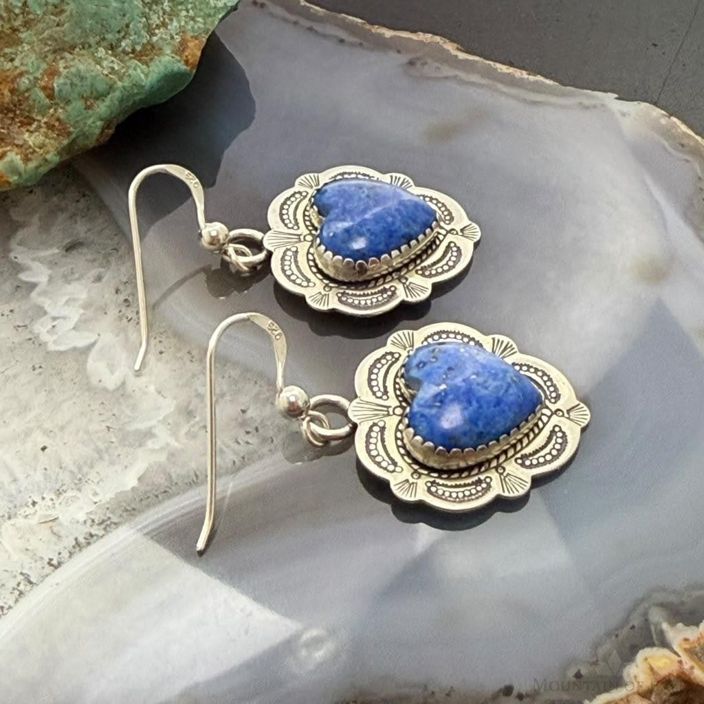 Vintage Signed Sterling Silver Denim Lapis Heart Dangle Earrings For Women