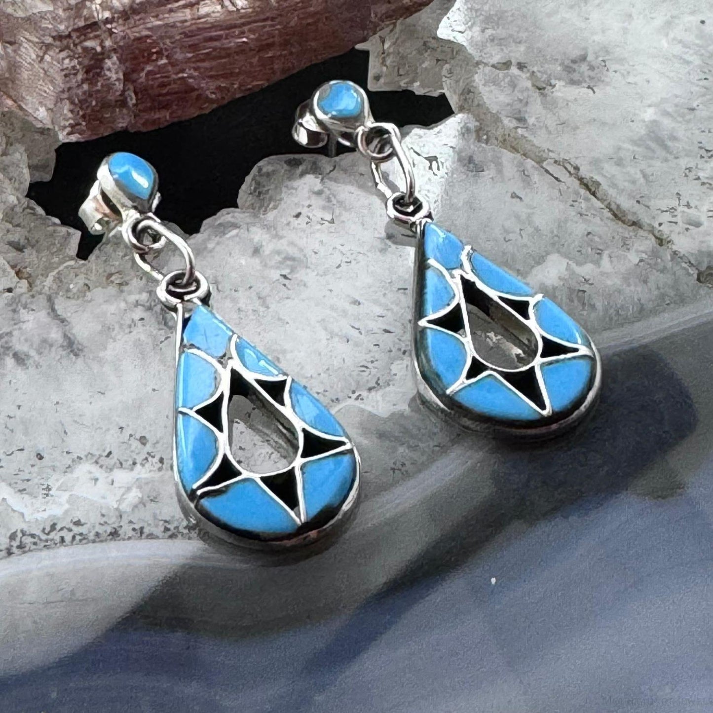 Emma Bowekaty Sterling Silver Turquoise Zuni Inlay Dangle Earrings For Women