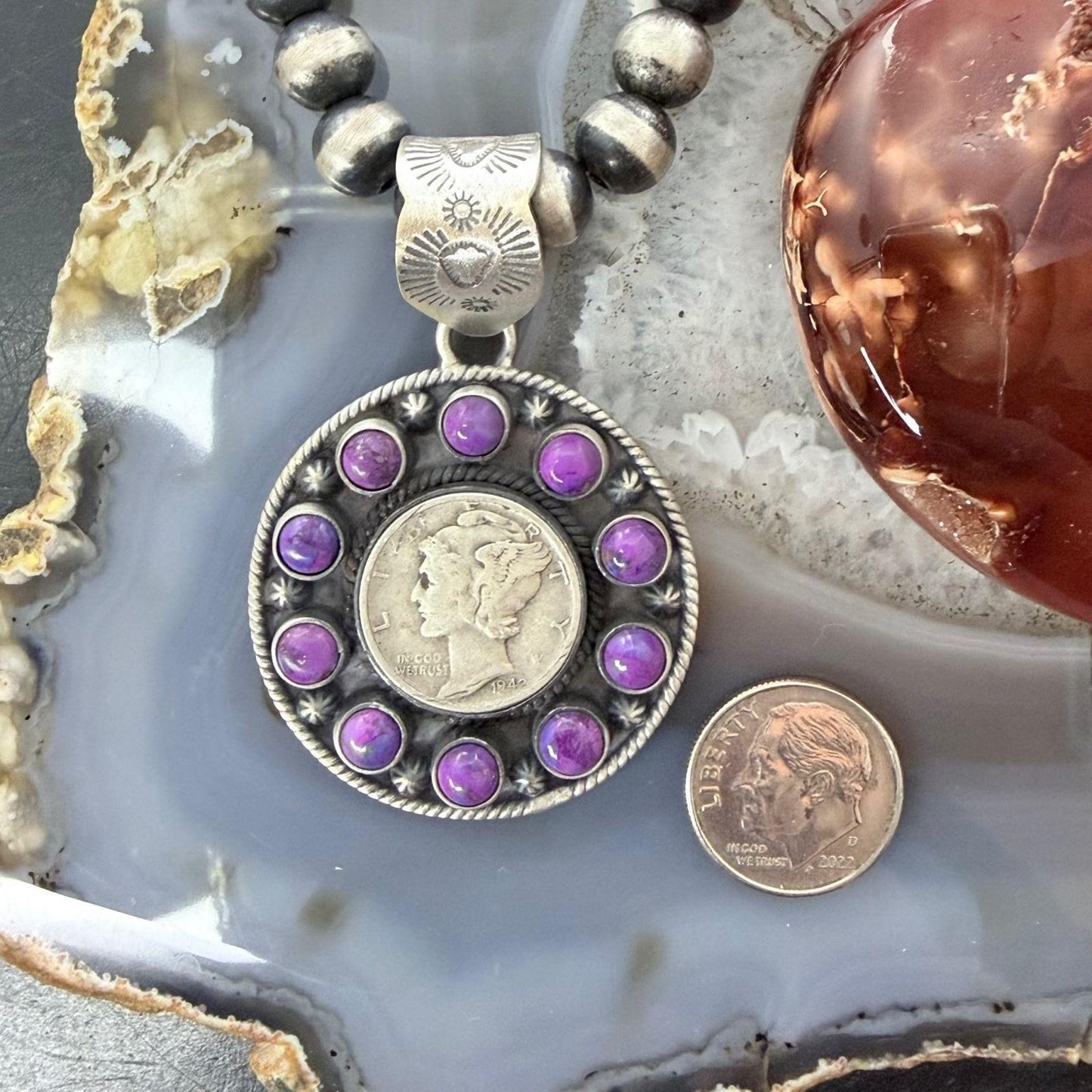 Genuine 1942 90% Silver Mercury Dime Coin w/Purple Dahlia Decorated Unisex Pendant