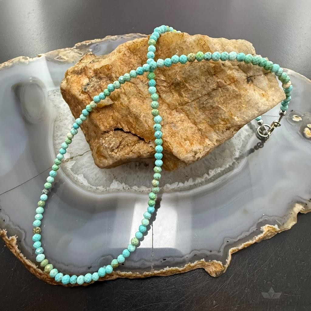 Sterling Silver Southwestern Style 3mm Faceted Turquoise Beads 17" Necklace For Women