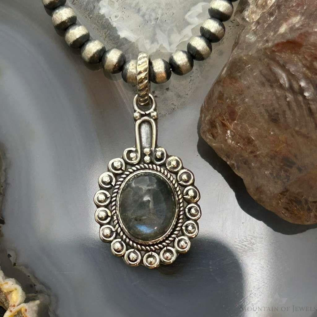 Sterling Silver Southwestern Style Oval Labradorite Decorated Charm/Pendant For Women