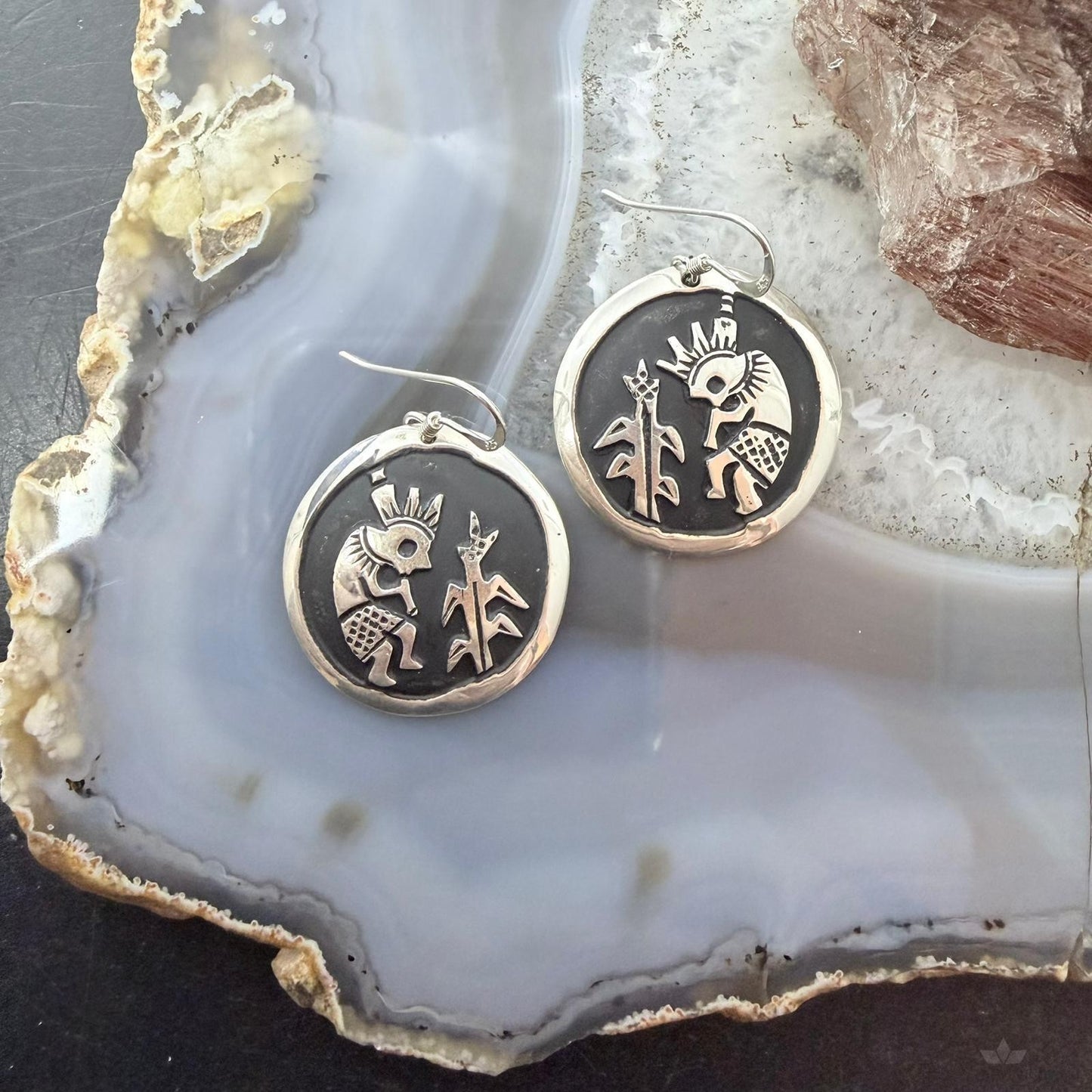 Tommy & Rosita Singer Sterling Silver Overlay Kokopelli Dangle Earrings For Women