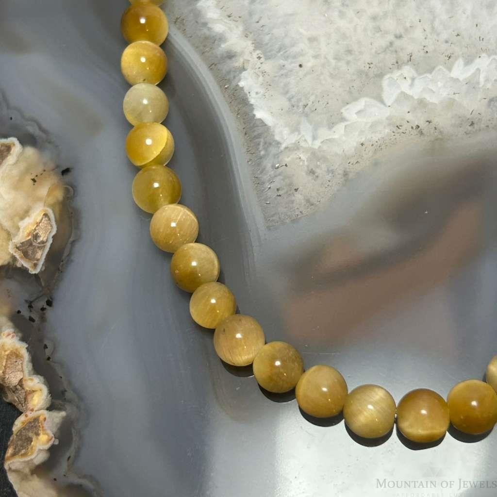 Sterling Silver 6mm Round Golden Tiger's Eye Beads 20" Necklace For Women