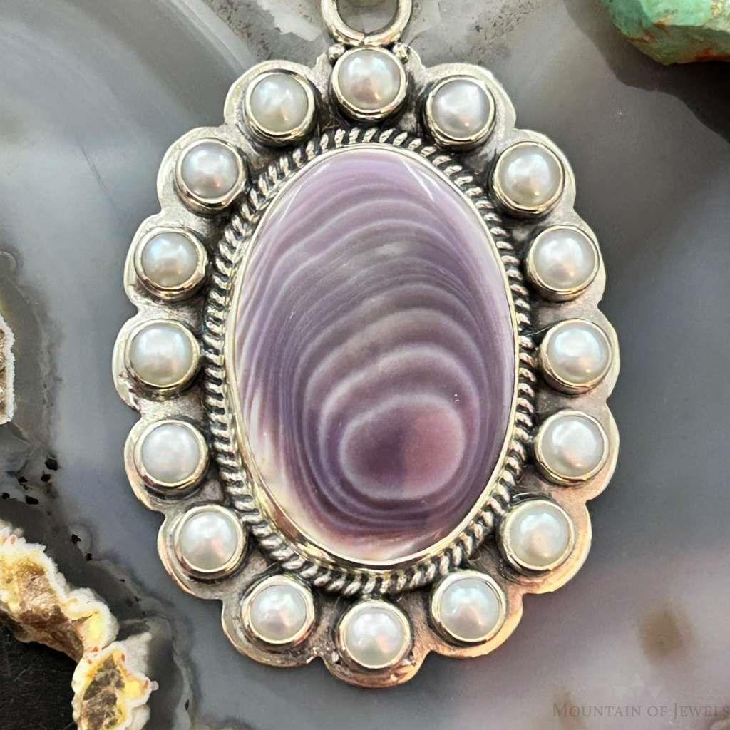 Native American Sterling Silver Oval Phosphosiderite W/Pearls Cluster Pendant For Women