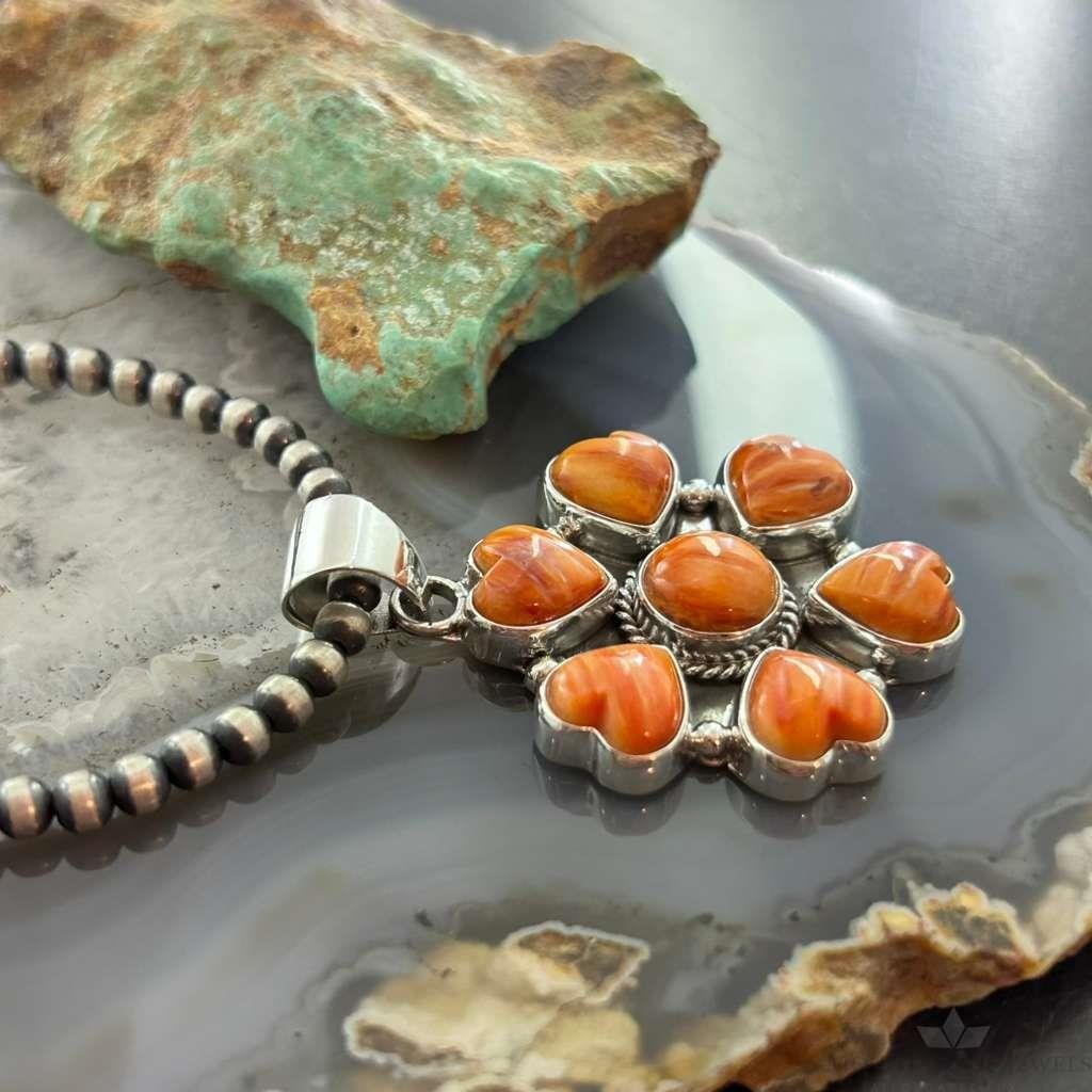 Native American Sterling Silver Hearts Spiny Oyster Cluster Pendant For Women