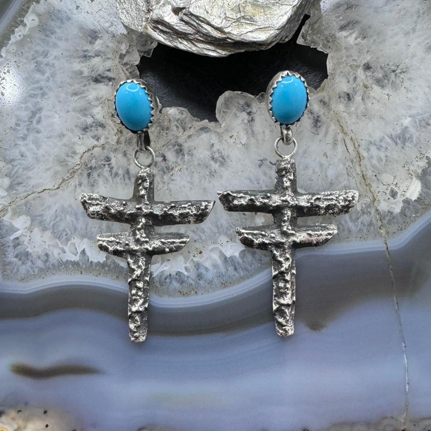 Cheyenne Custer Sterling Silver Sleeping Beauty Turquoise Tufa Cast Dangle Earrings For Women