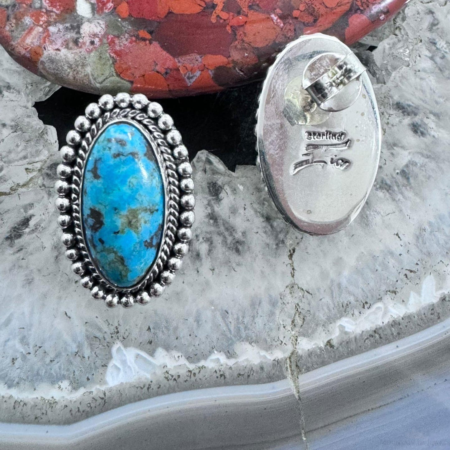 Native American Sterling Silver Oval Turquoise Decorated Post Earrings For Women