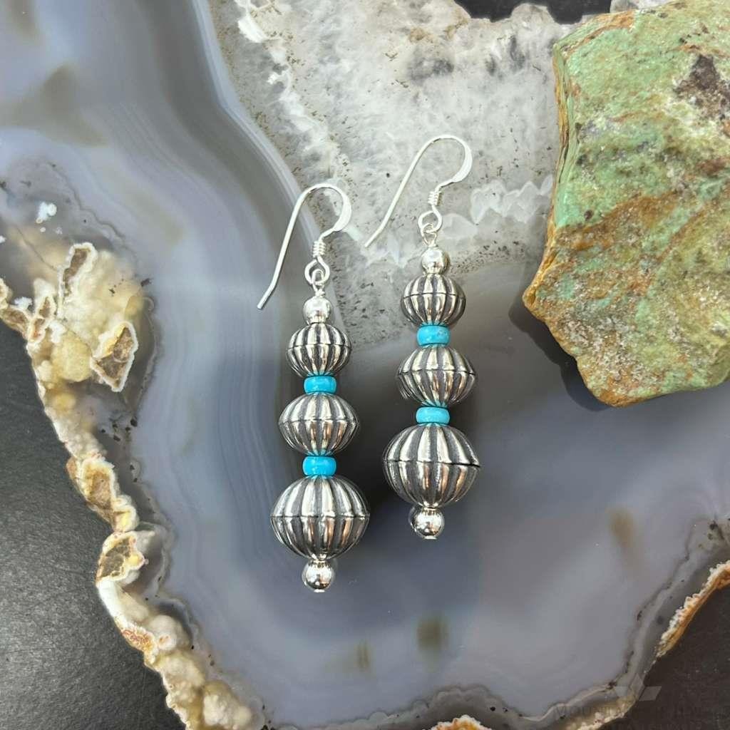 Native American Sterling Silver Grooved Saucer Pearl Beads w/Turquoise Dangle Earringsn For Women