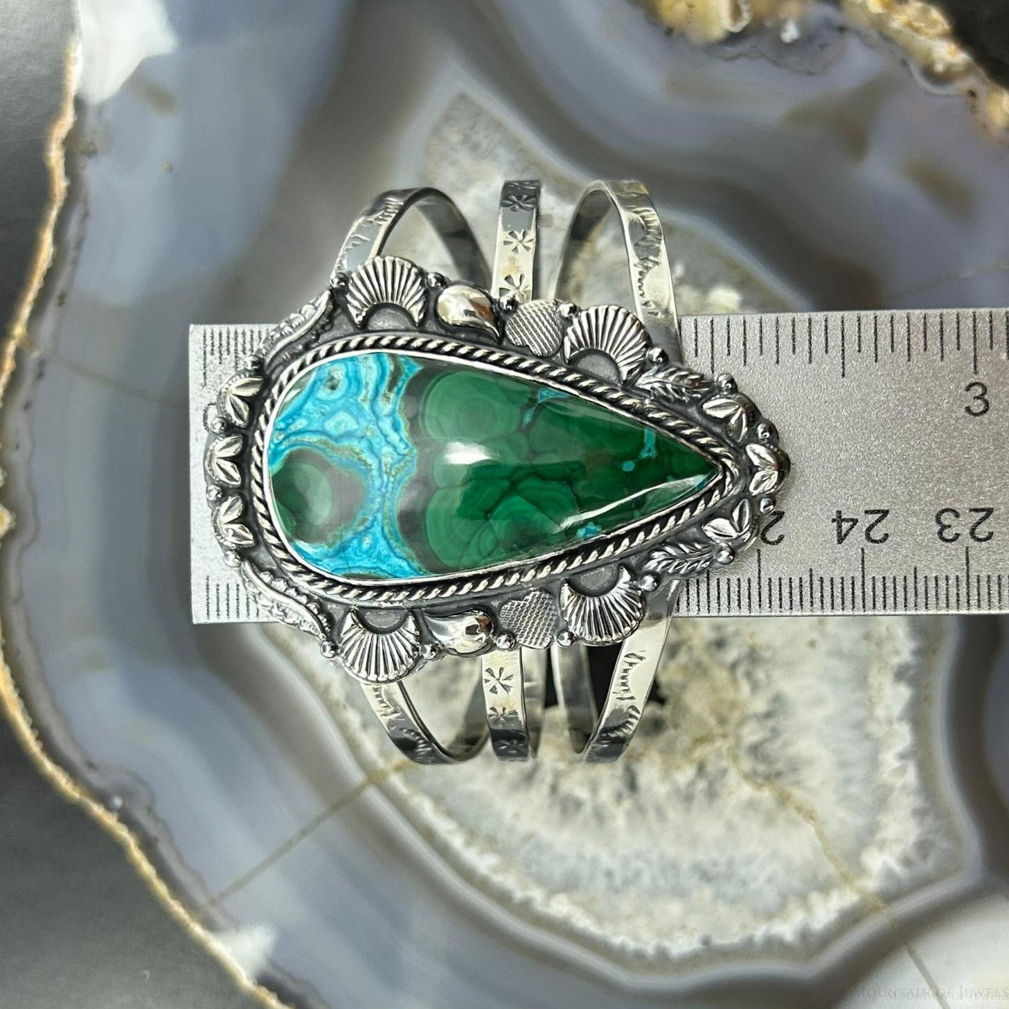 Sterling Silver Southwestern Style Elongated Teardrop Malachite Azurite Bracelet For Women