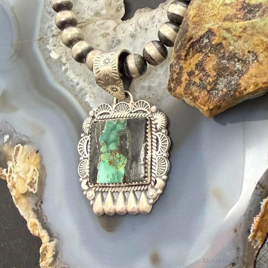 Sterling Silver Southwestern Style Rectangle Blackjack Turquoise Decorated Pendant #1