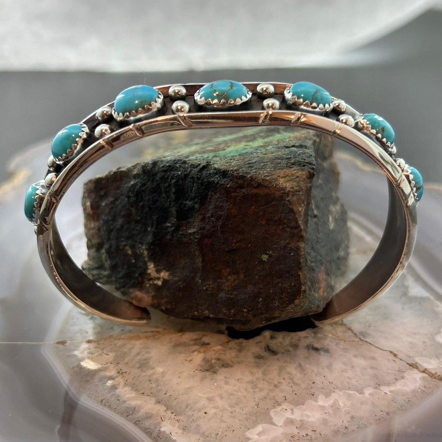 Reed Charley Native Americn Sterling Silver Turquoise Row Bracelet For Women