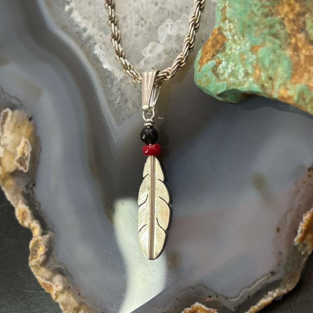 Anthony Gatewood Sterling Silver Onyx & Coral Beads Feather Pendant For Women