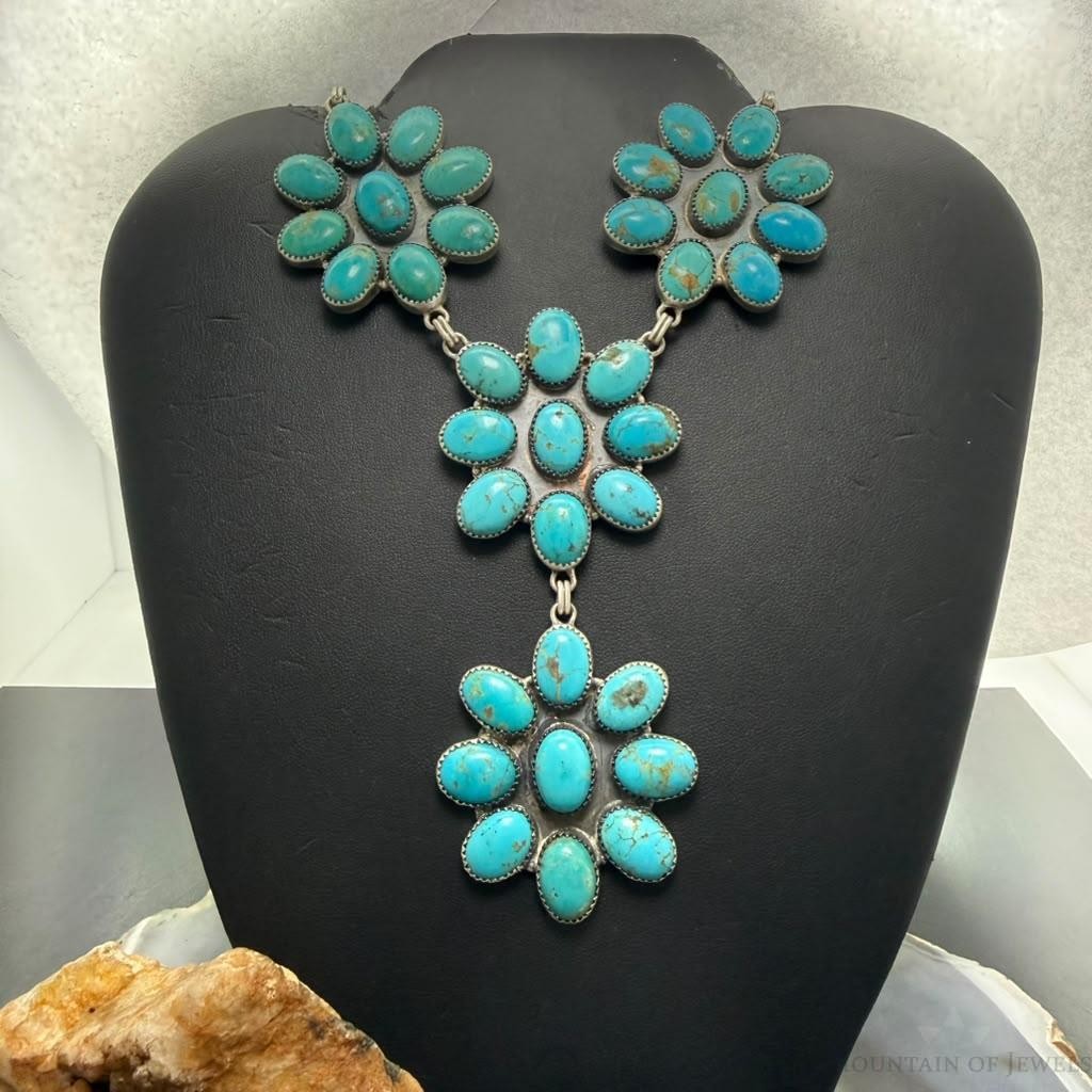 Sterling Silver Southwestern Style Kingman Turquoise Cluster Lariat Necklace For Women
