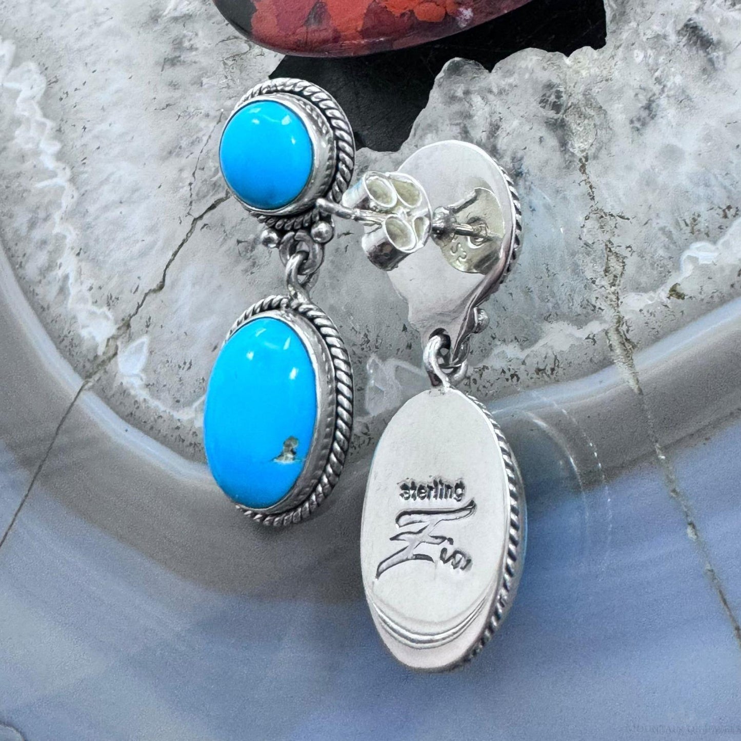 Native American Sterling Silver Turquoise Dangle Earrings For Women