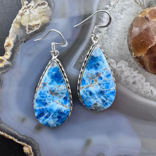 Sterling Silver Southwestern Style Teardrop Blue Apatite Dangle Earrings For Women