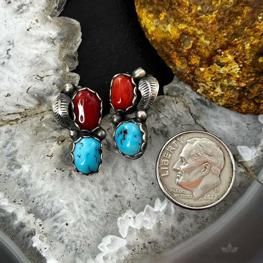 Native American Silver Turquoise & Coral Leaf Decorated Stud Earrings For Women