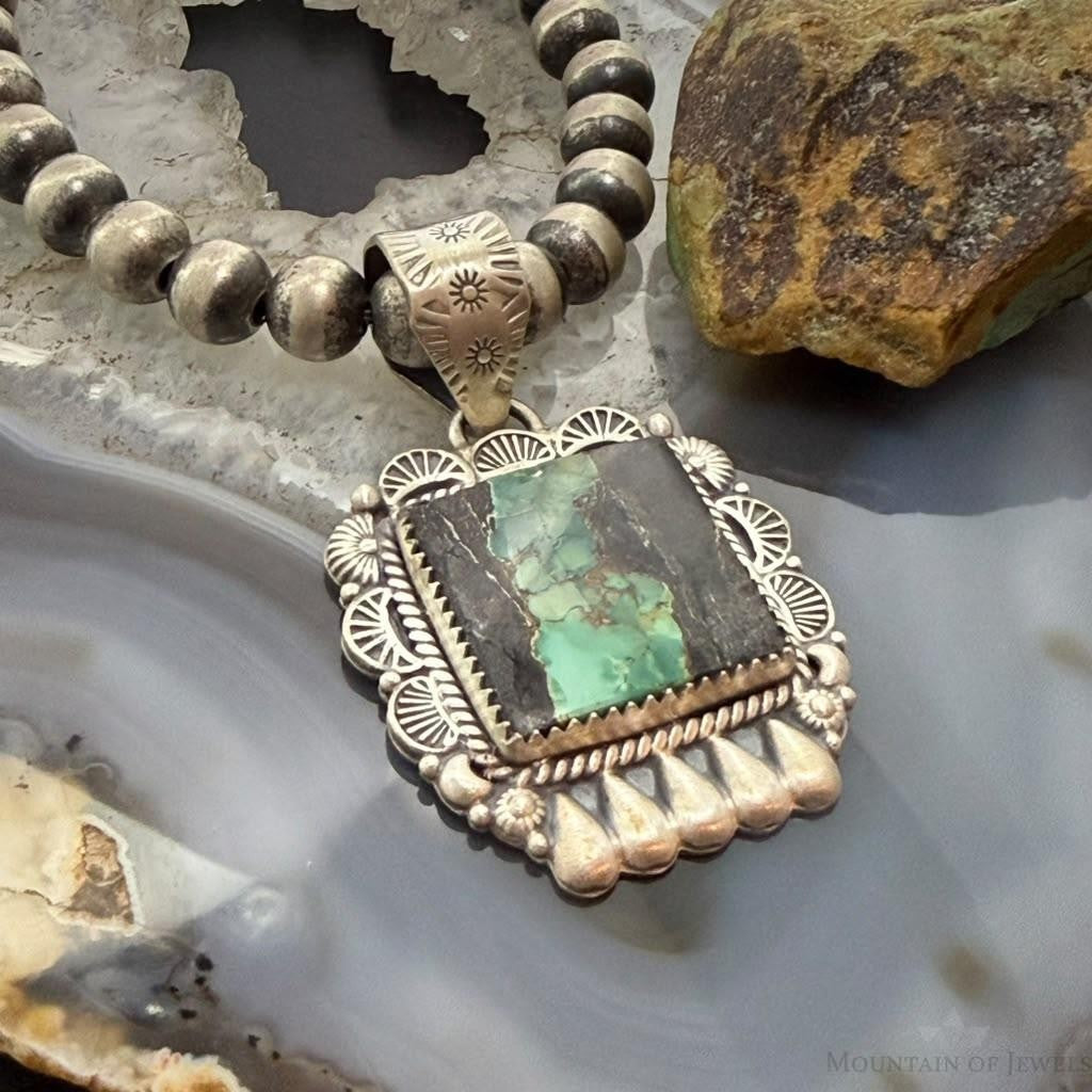 Sterling Silver Southwestern Style Rectangle Blackjack Turquoise Decorated Pendant #1