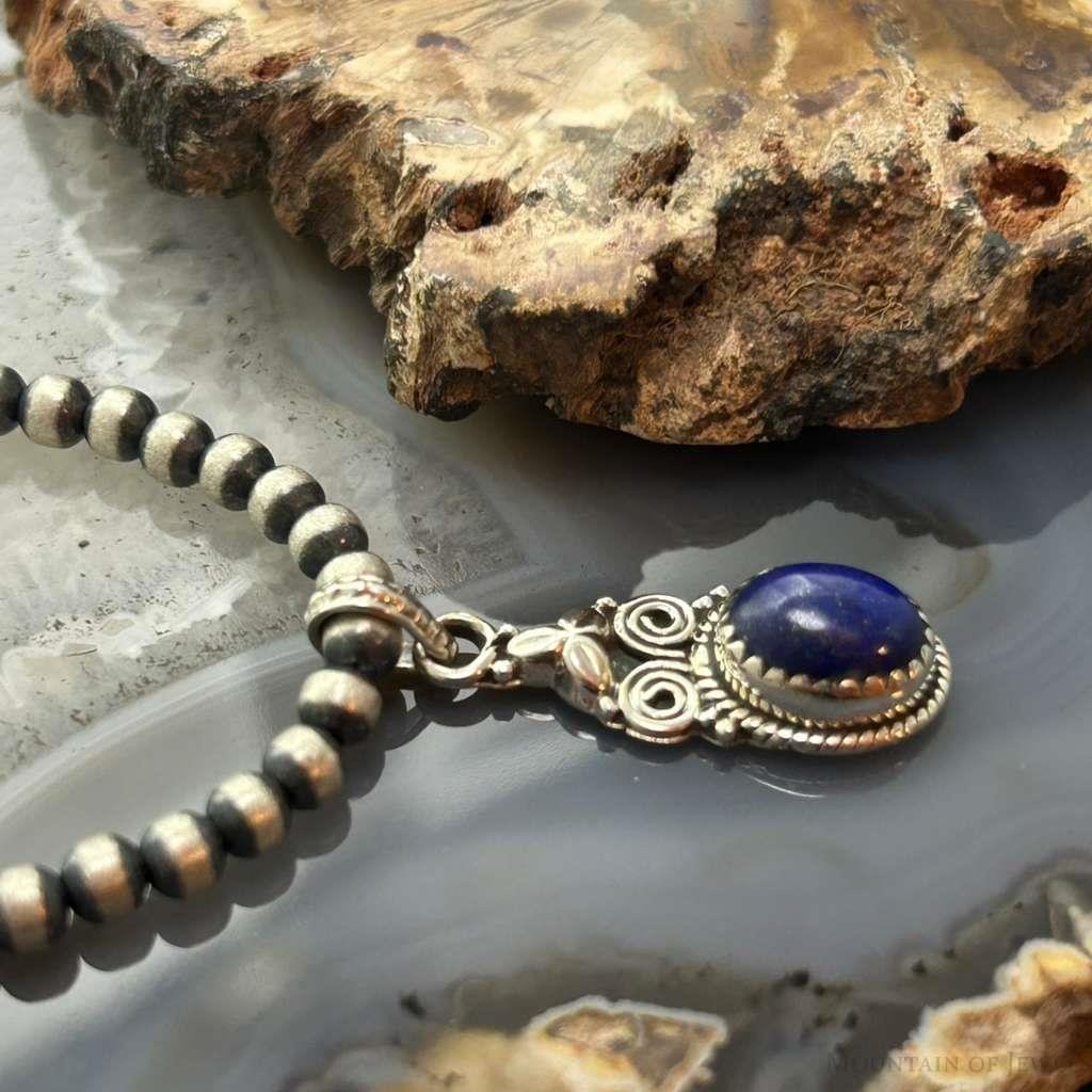 Sterling Silver Southwestern Style Oval Lapis Decorated Charm/Pendant For Women