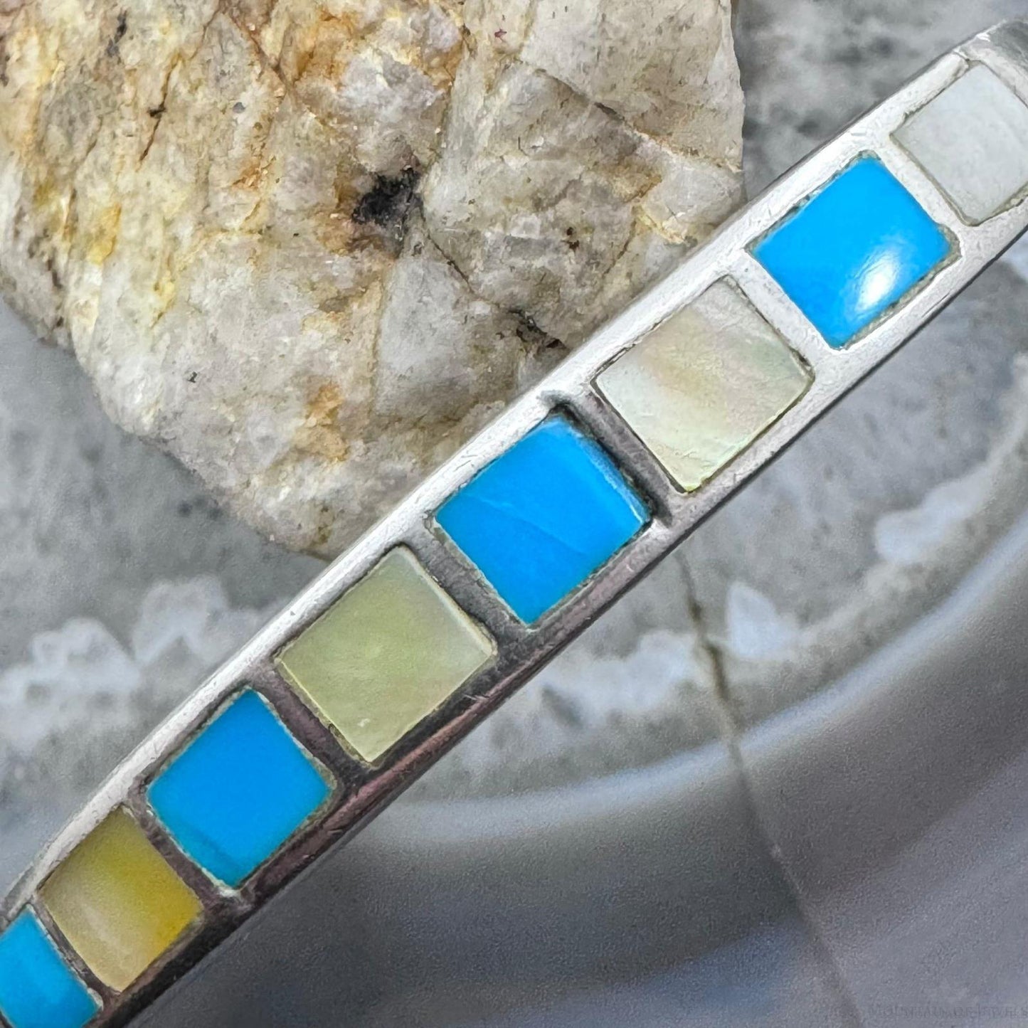 Vintage Native American Silver Turquoise & Mother of Pearl Inlay Bracelet For Women