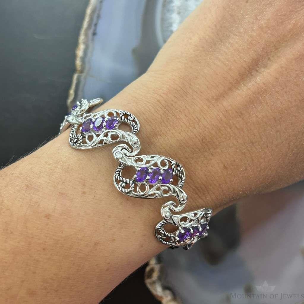 Carolyn Pollack Sterling Silver 18 Faceted Amethyst Foldover Link Bracelet For Women