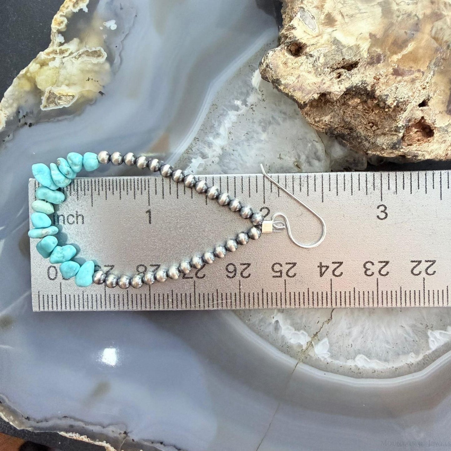 Sterling Silver Navajo Pearl Bead & Chunky Turquoise Dangle Hoop Earrings For Women