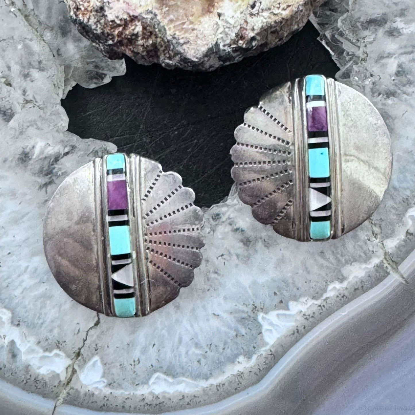 Vintage Native American Silver Multi Stone Inlay Rounded Stud Earrings For Women