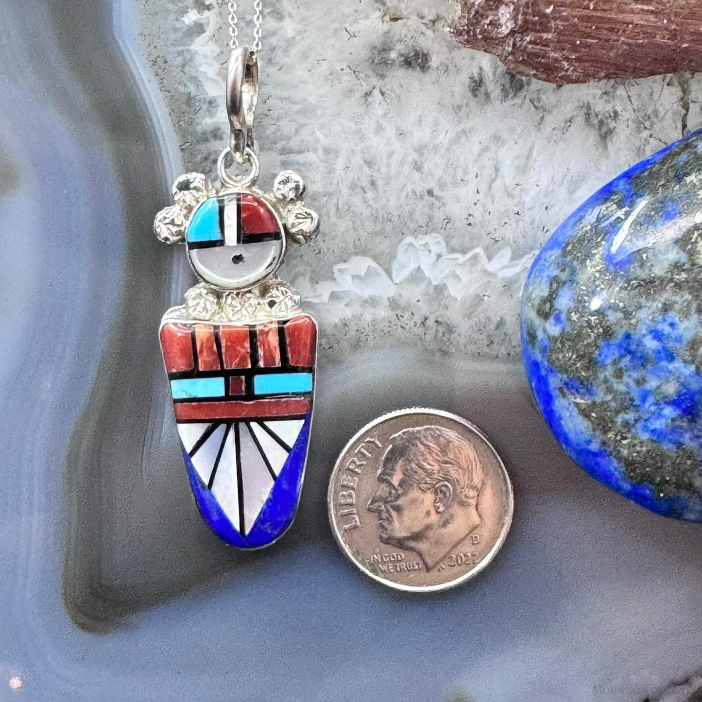 Ola Eriacho Sterling Silver Multistone Inlay Sunface Kachina Pendant With 18" Chain