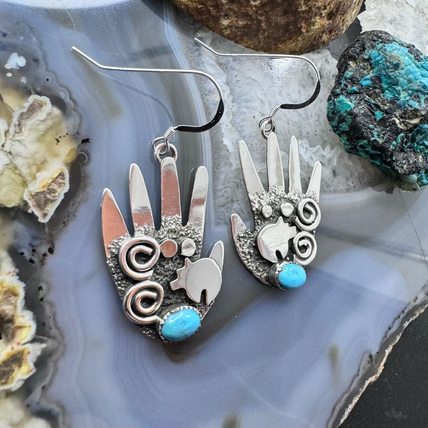 Alex Sanchez Sterling Silver Ancestors Hand Petroglyph W/Turquoise Dangle Earrings For Women #2