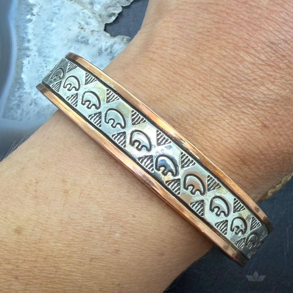Wylie Secatero Navajo Sterling Silver & Copper Stamped Bear Bracelet For Men