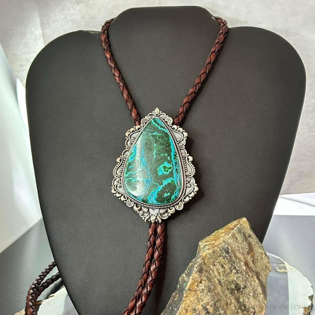 Sterling Silver Southwestern Style Large Azurite Malachite Decorated Bolo Tie For Men