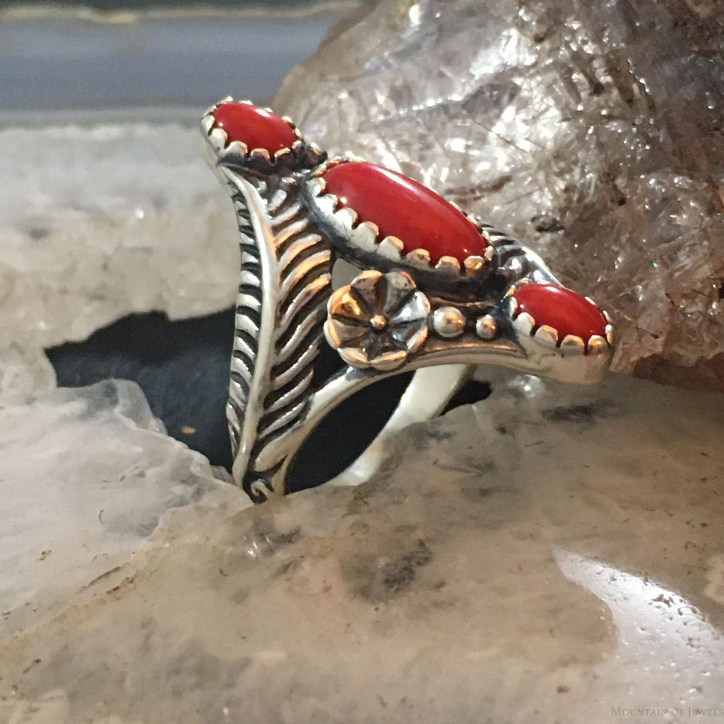 Carolyn Pollack Southwestern Style Sterling Silver 3 Red Jasper Elongated Ring