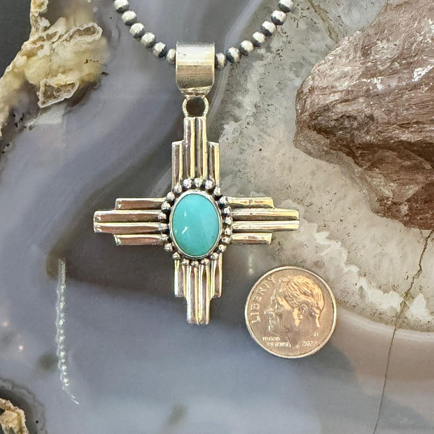 Sterling Silver Southwestern Style Oval Turquoise Unisex Zia Pendant