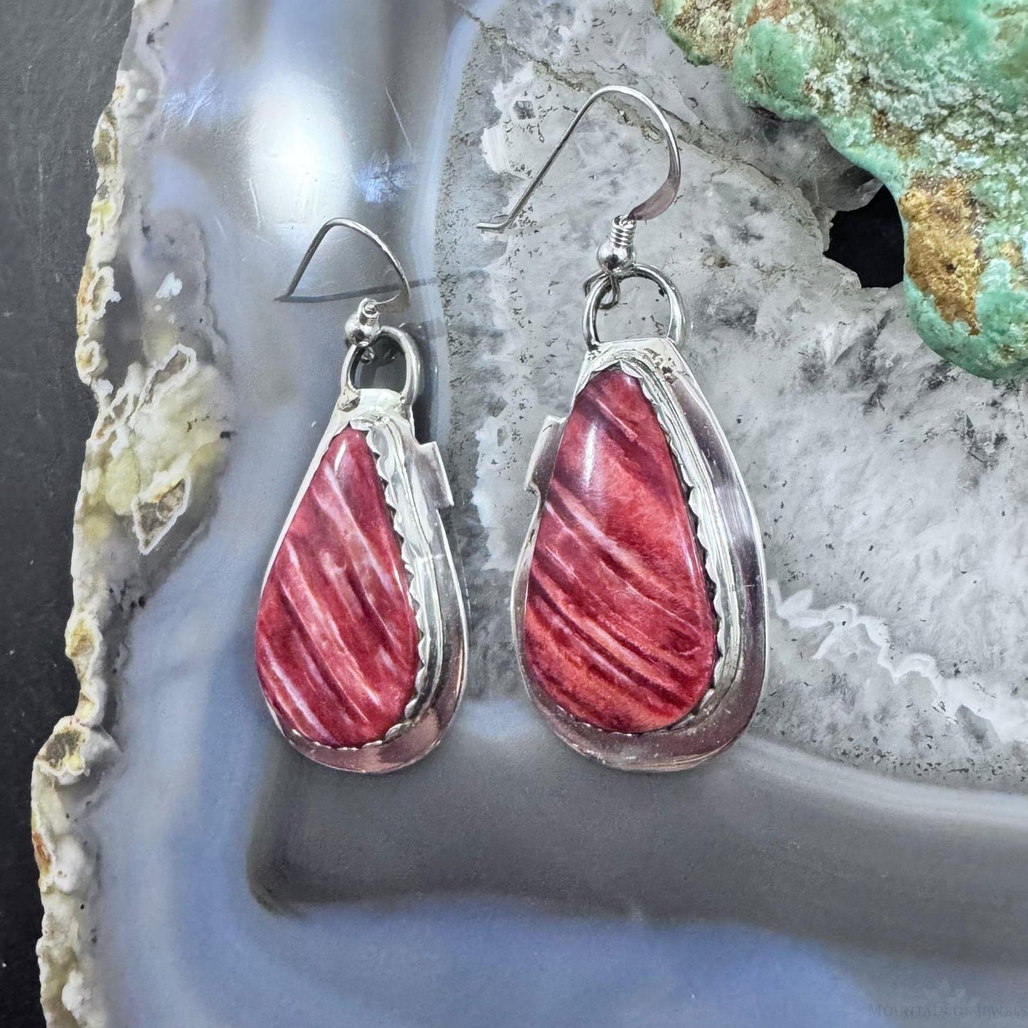 Frank Chavez Native American Sterling Silver Teardrop Spiny Oyster Dangle Earrings For Women