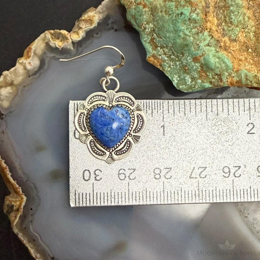 Vintage Signed Sterling Silver Denim Lapis Heart Dangle Earrings For Women