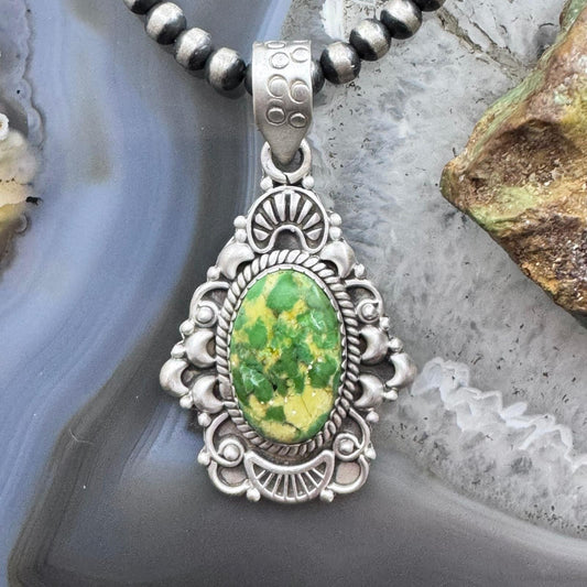 Sterling Silver Southwestern Style Oval Sonora Gold Turquoise Decorated Pendant For Women