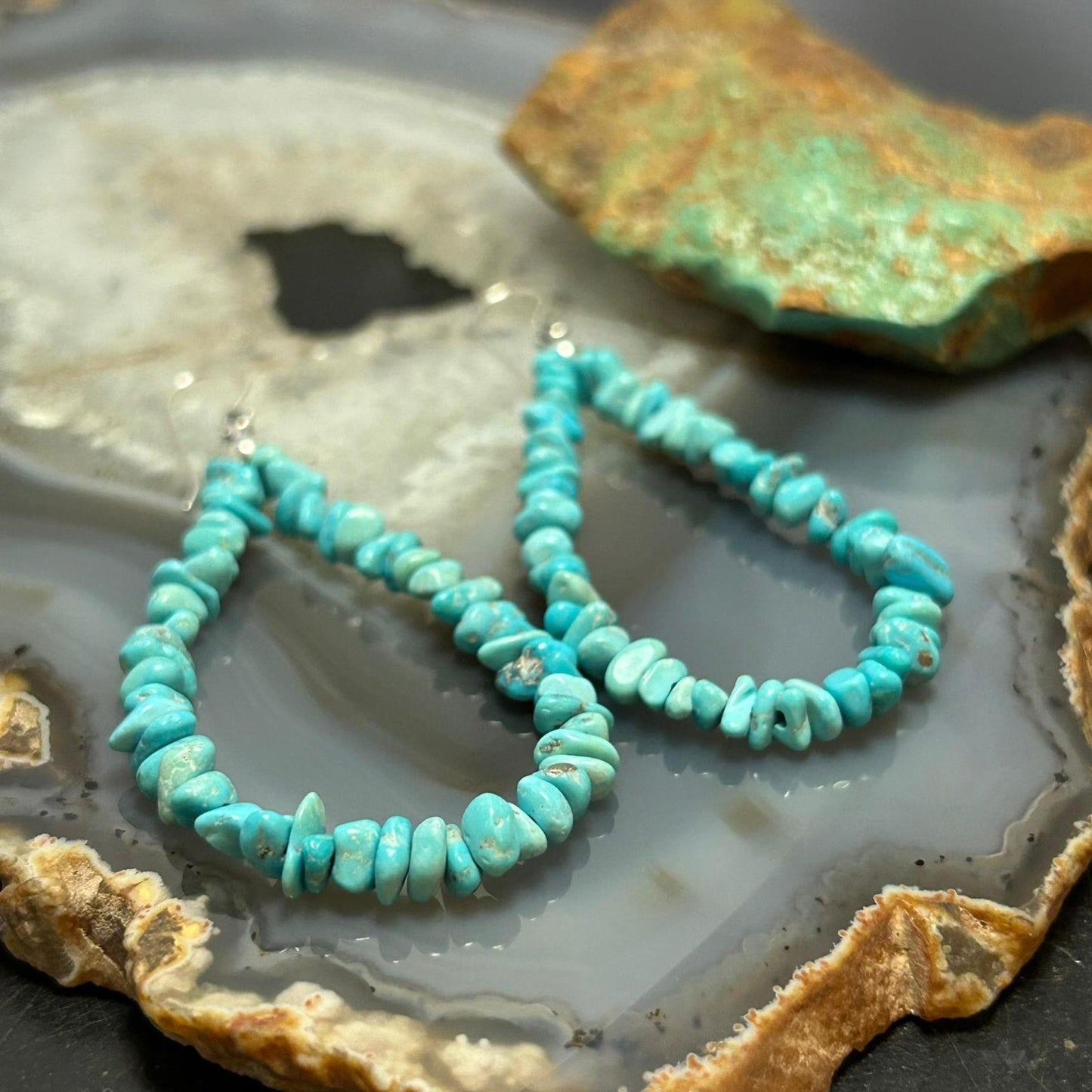 Sterling Silver Blue Natural Turquoise Beads Hoop Earrings For Women