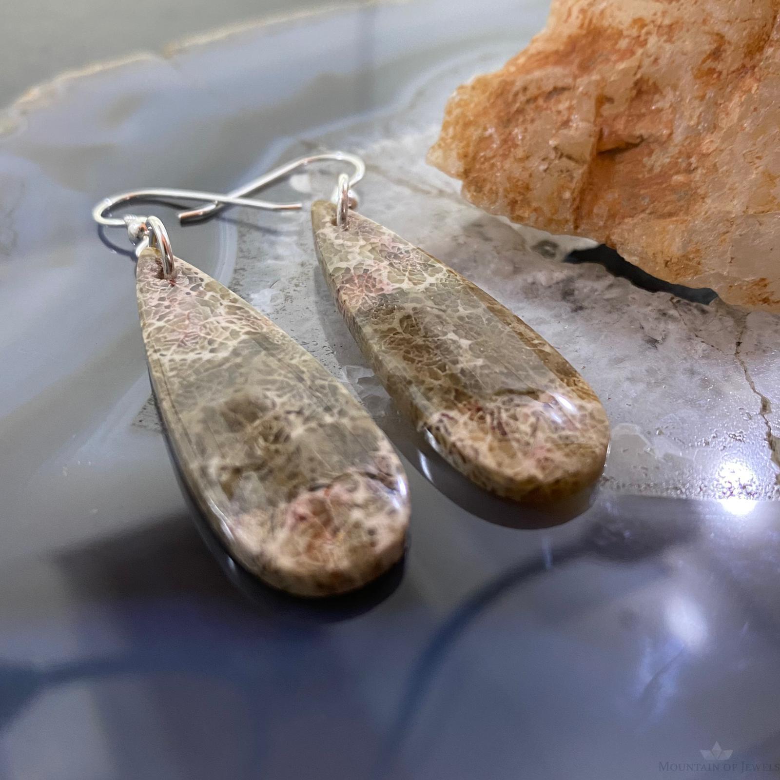 Sterling Silver Teardrop Fossilized Coral Slab Dangle shops Earrings For Women #114